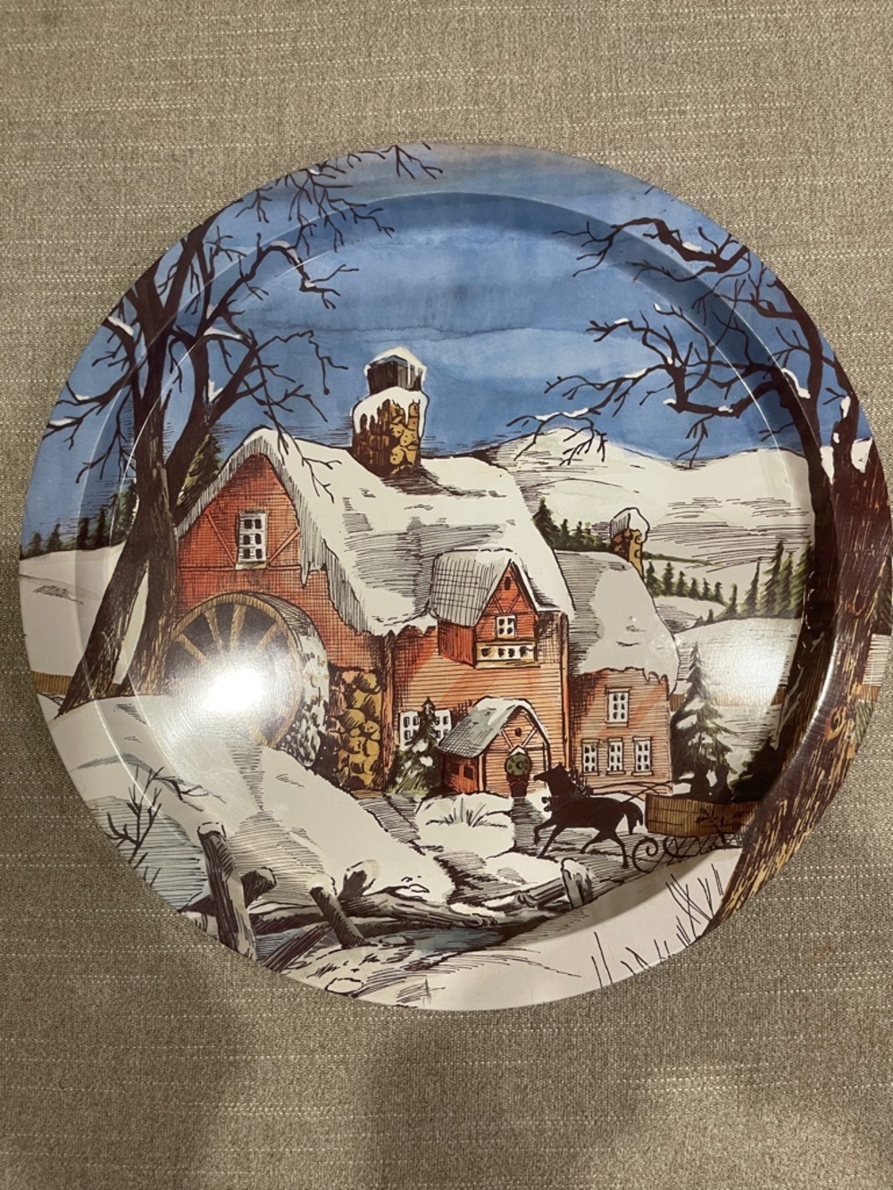 Vintage Winter Serving Tray 13” Round